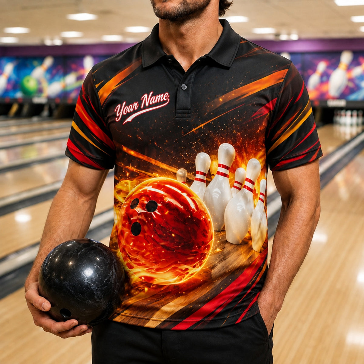 Flaming Bowling Ball Strike Custom Bowling Polo Shirt Front View