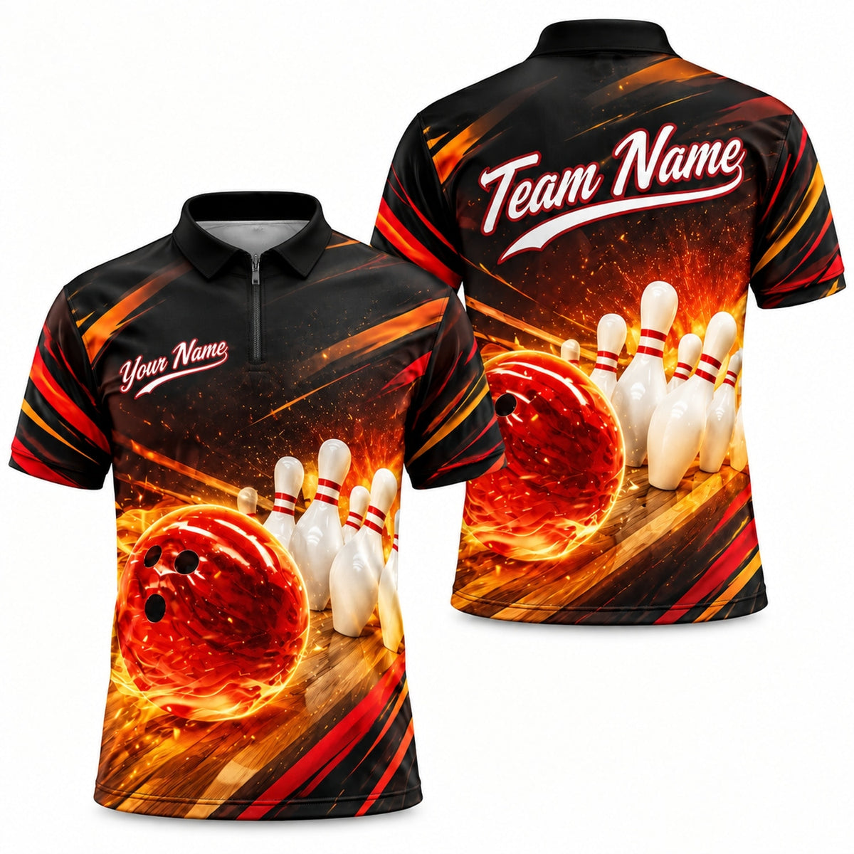 Flaming Bowling Ball Strike Custom Bowling Polo Shirt Jersey Zip 1 4 Collar