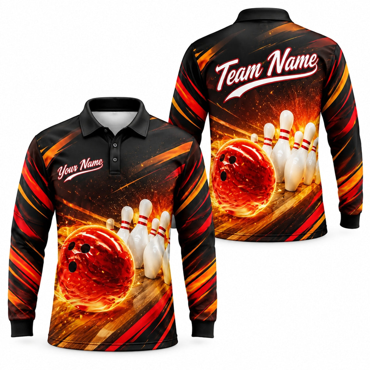 Flaming Bowling Ball Strike Custom Bowling Polo Shirt Long Sleeve Polo