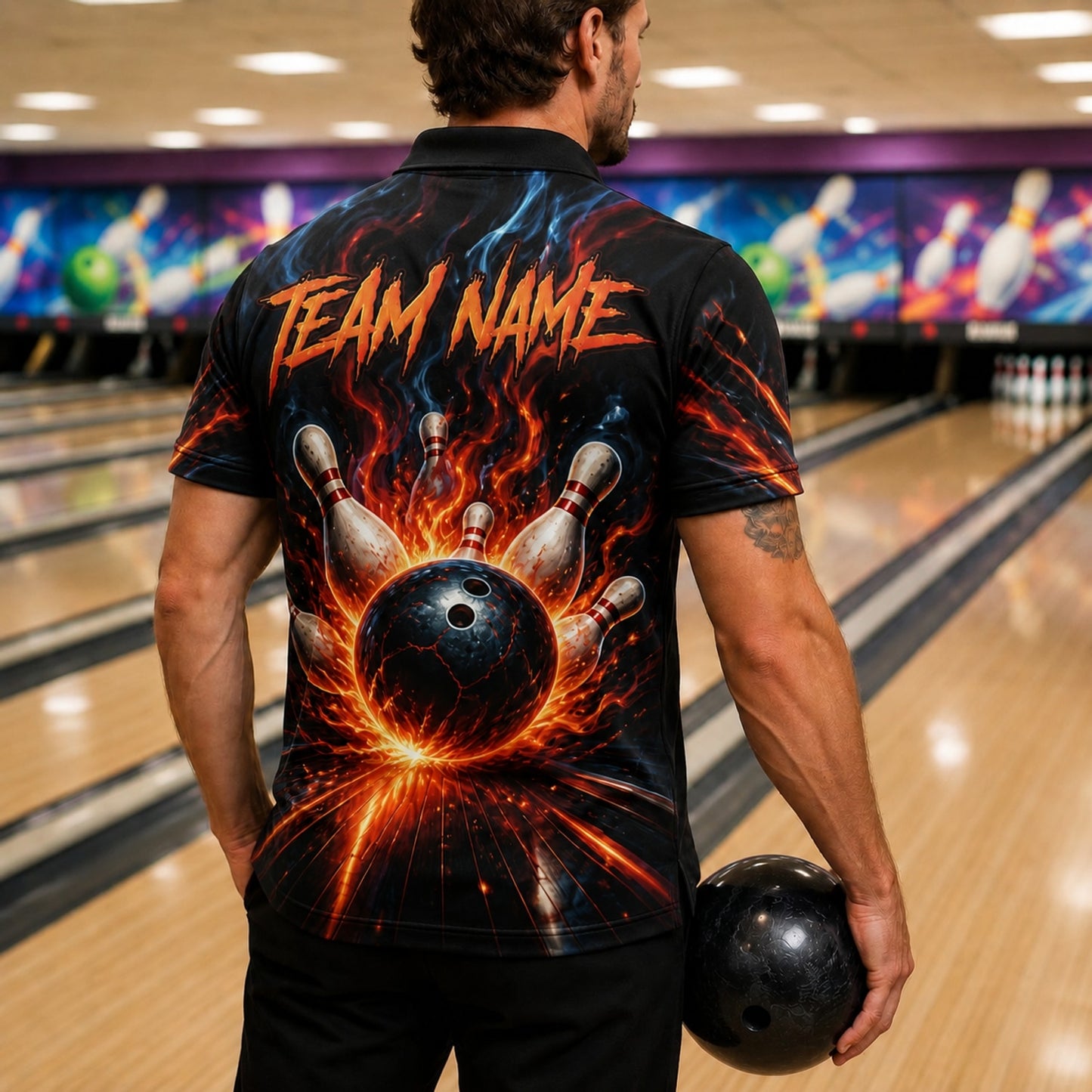 Flaming Bowling Ball Strike Graphic Custom Bowling Polo Shirt Back View