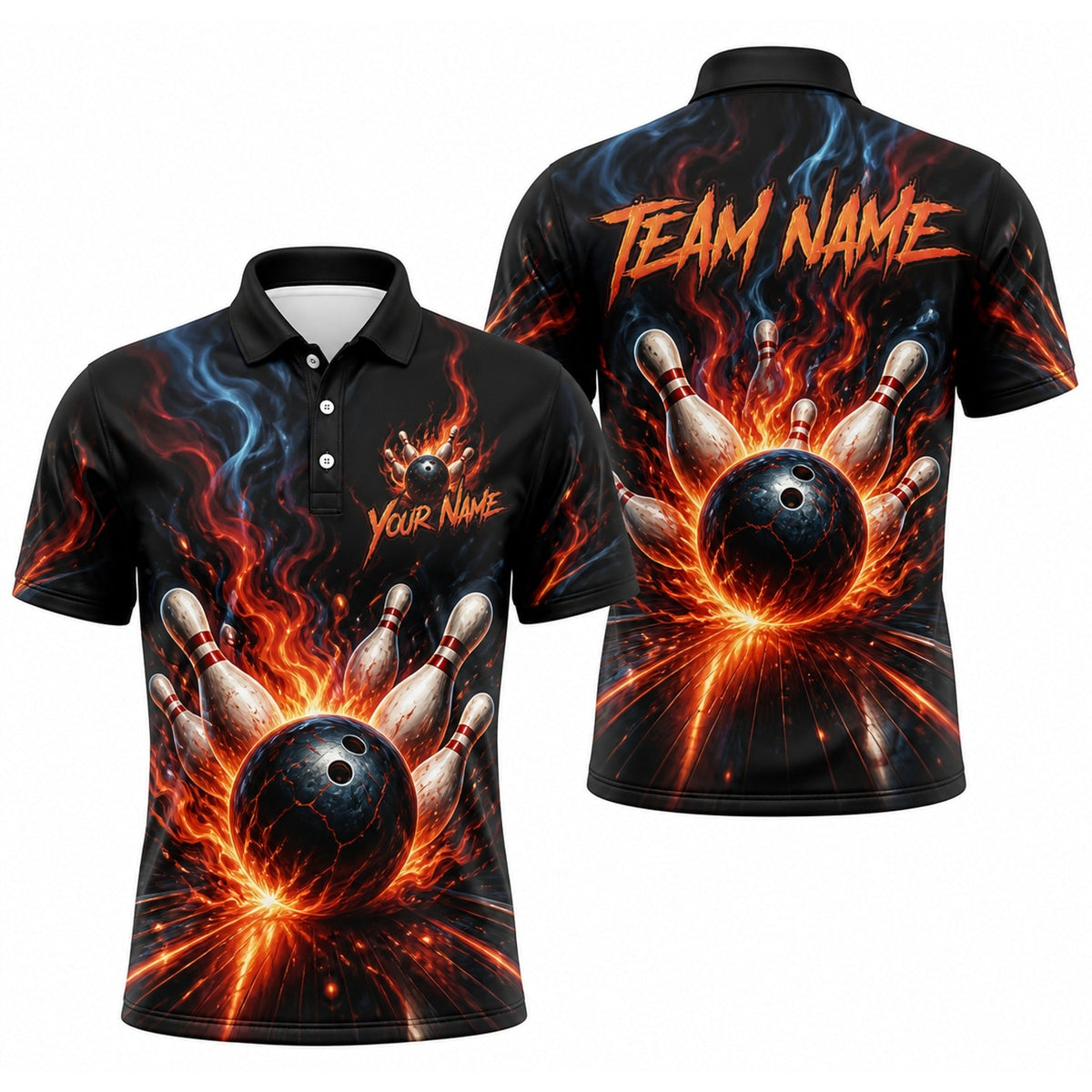 Flaming Bowling Ball Strike Graphic Custom Bowling Polo Shirt