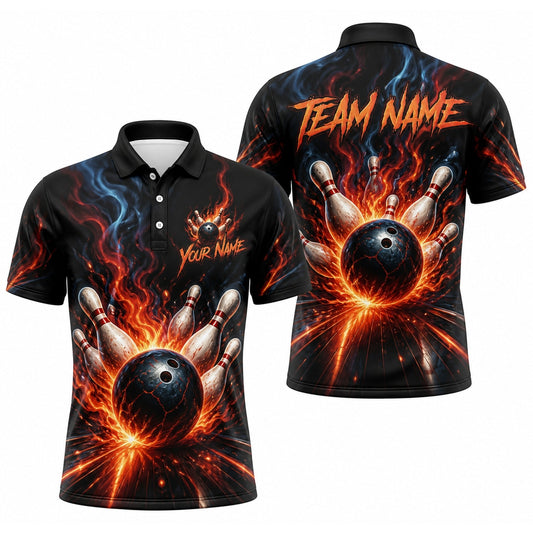 Flaming Bowling Ball Strike Graphic Custom Bowling Polo Shirt