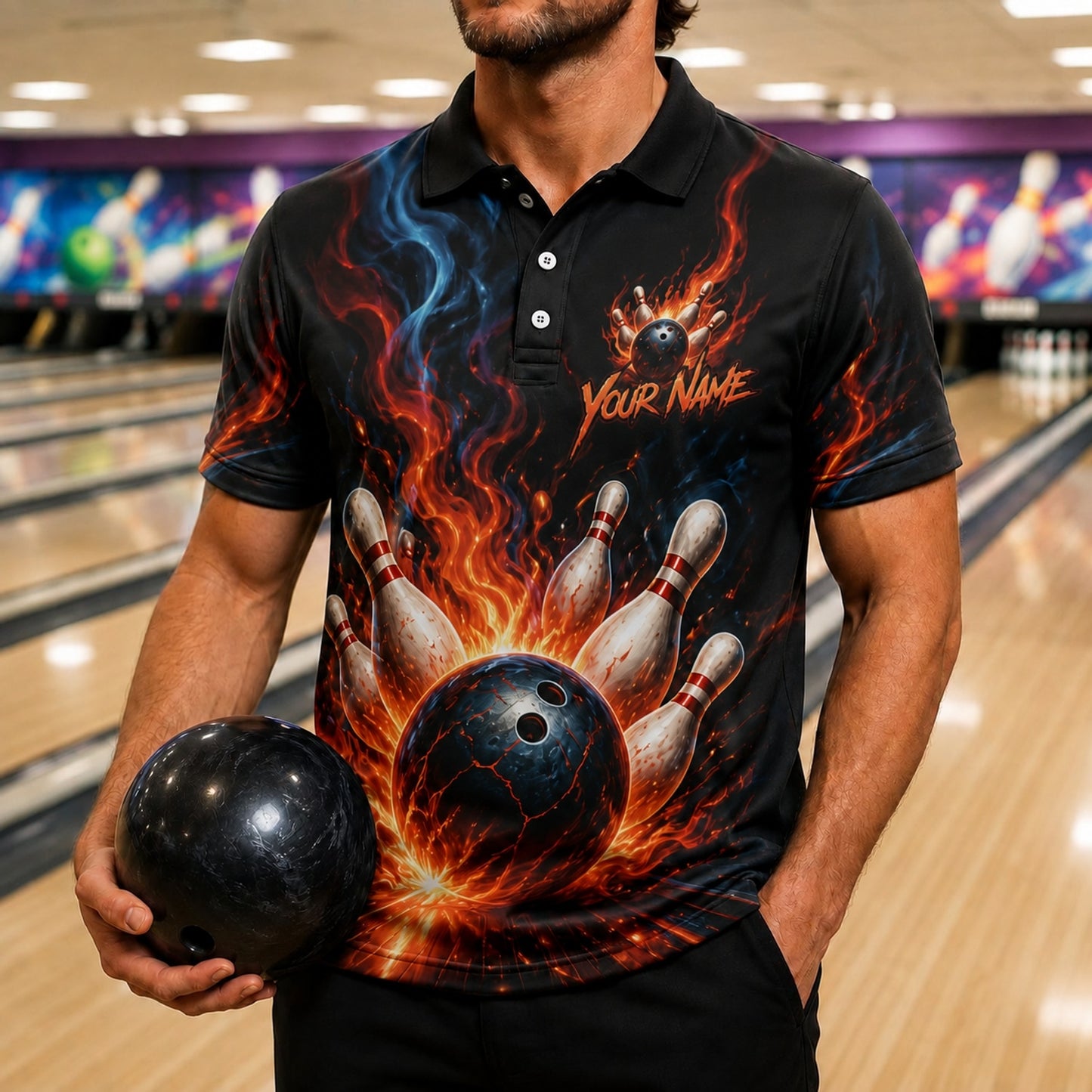 Flaming Bowling Ball Strike Graphic Custom Bowling Polo Shirt Front View