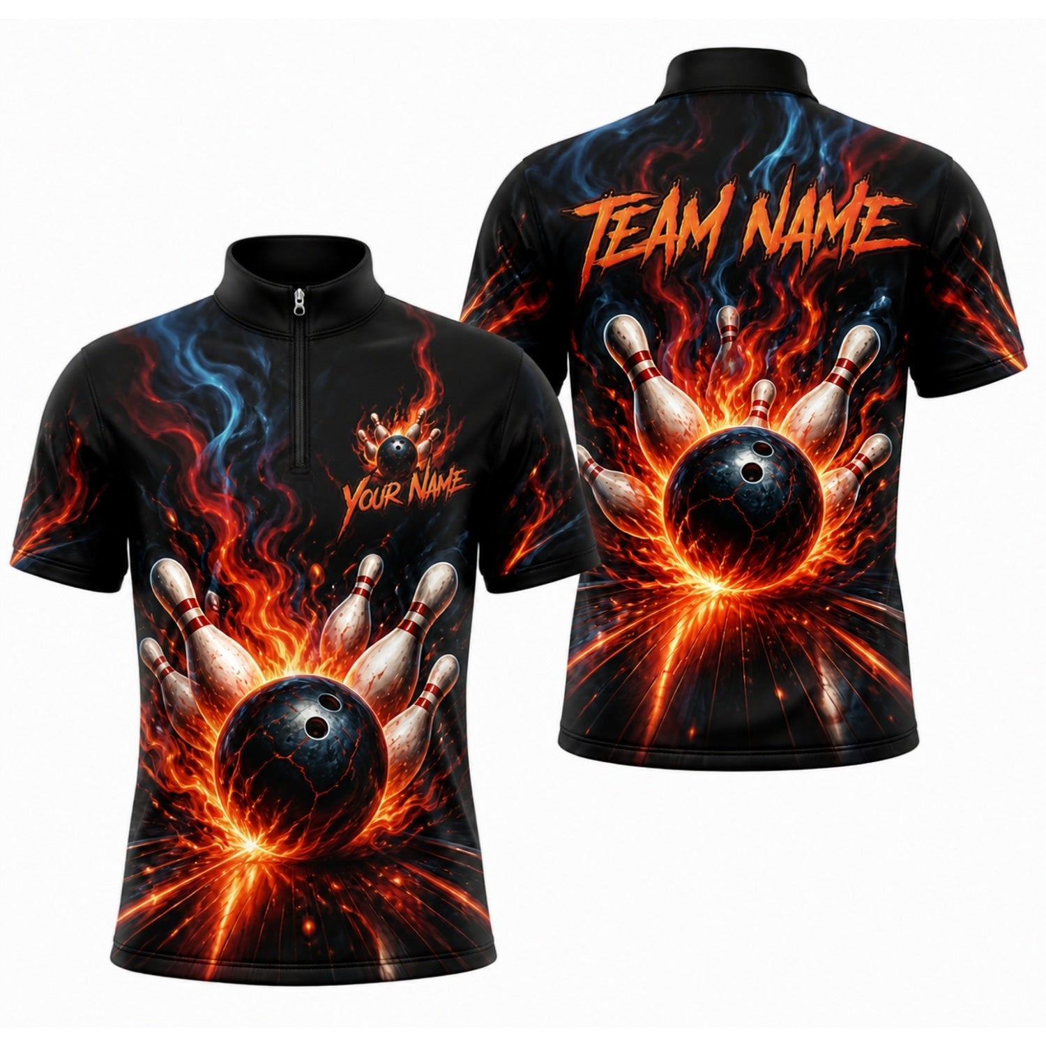 Flaming Bowling Ball Strike Graphic Custom Bowling Polo Shirt Jersey Zip 1 4 Collar
