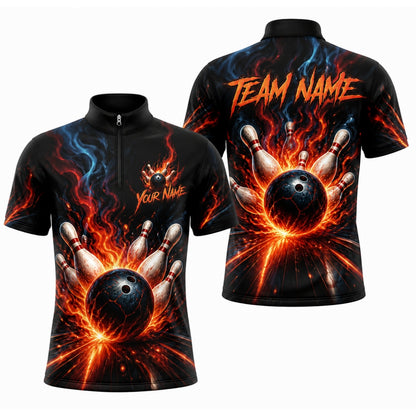 Flaming Bowling Ball Strike Graphic Custom Bowling Polo Shirt Jersey Zip 1 4 Collar