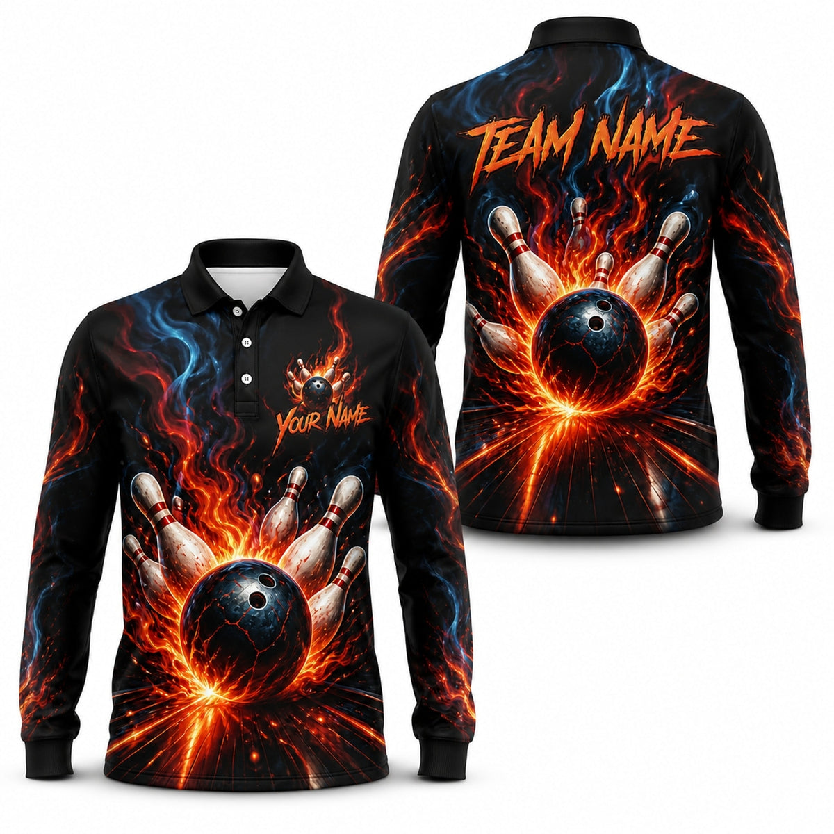 Flaming Bowling Ball Strike Graphic Custom Bowling Polo Shirt Long Sleeve Polo