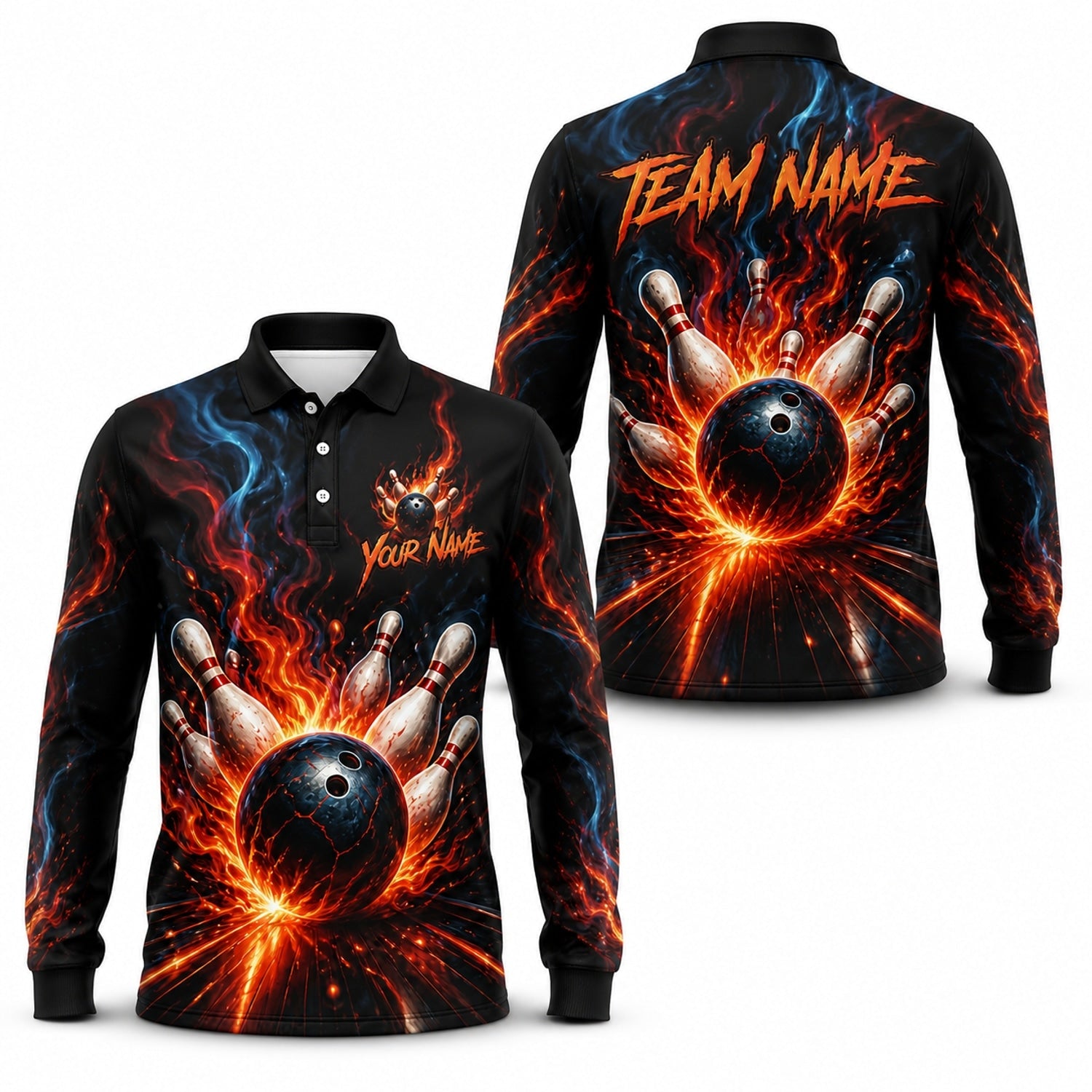 Flaming Bowling Ball Strike Graphic Custom Bowling Polo Shirt Long Sleeve Polo