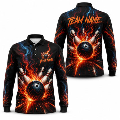 Flaming Bowling Ball Strike Graphic Custom Bowling Polo Shirt Long Sleeve Polo