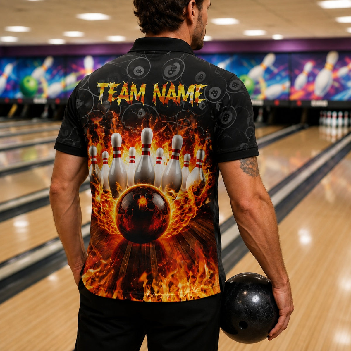 Flaming Bowling Ball Strike Graphic Personalized Bowling Polo Shirt Back View