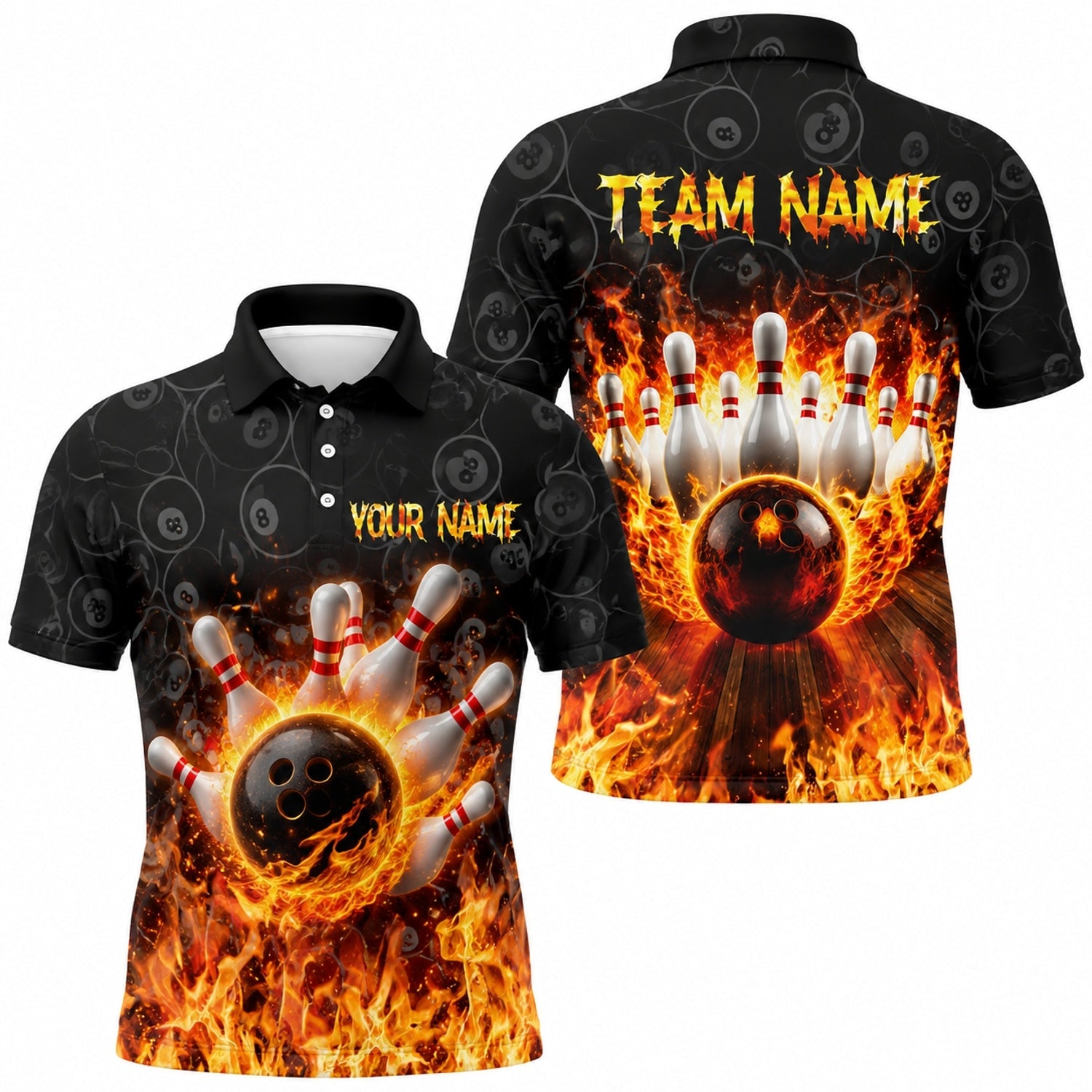 Flaming Bowling Ball Strike Graphic Personalized Bowling Polo Shirt