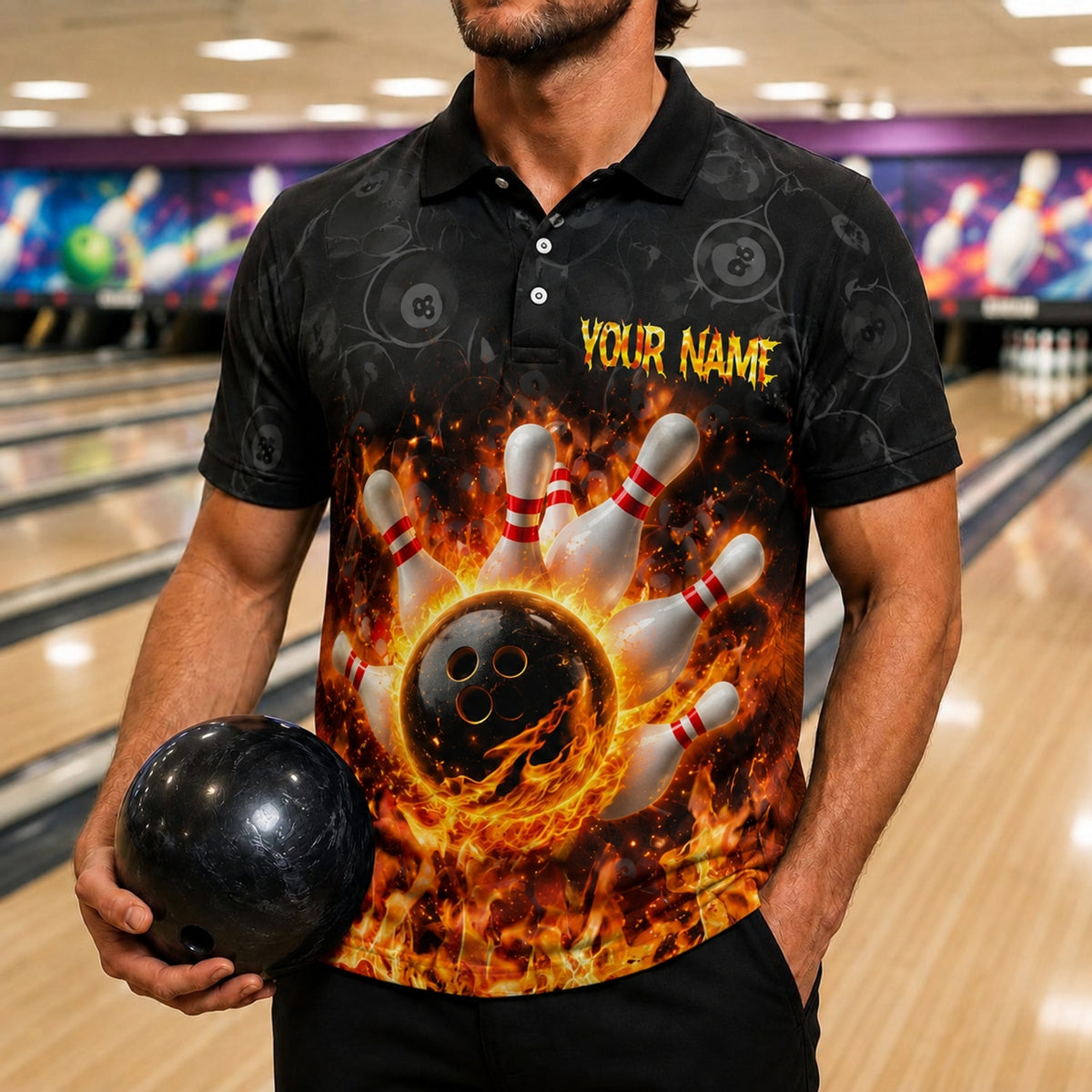 Flaming Bowling Ball Strike Graphic Personalized Bowling Polo Shirt Front View