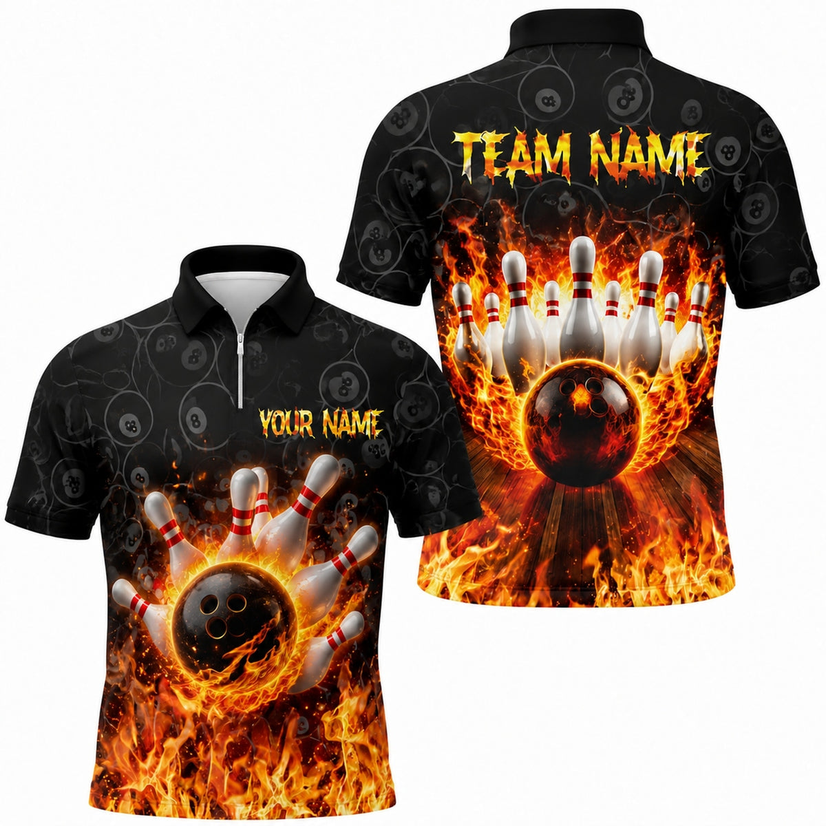 Flaming Bowling Ball Strike Graphic Personalized Bowling Polo Shirt Jersey Zip 1 4 Collar