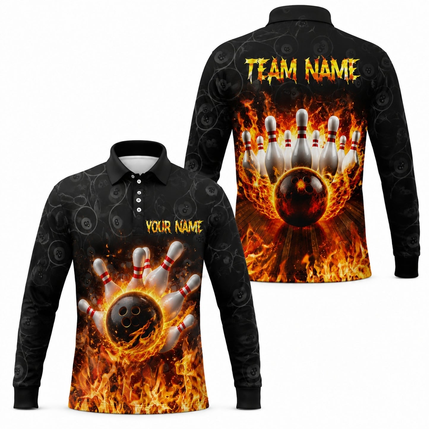 Flaming Bowling Ball Strike Graphic Personalized Bowling Polo Shirt Long Sleeve Polo