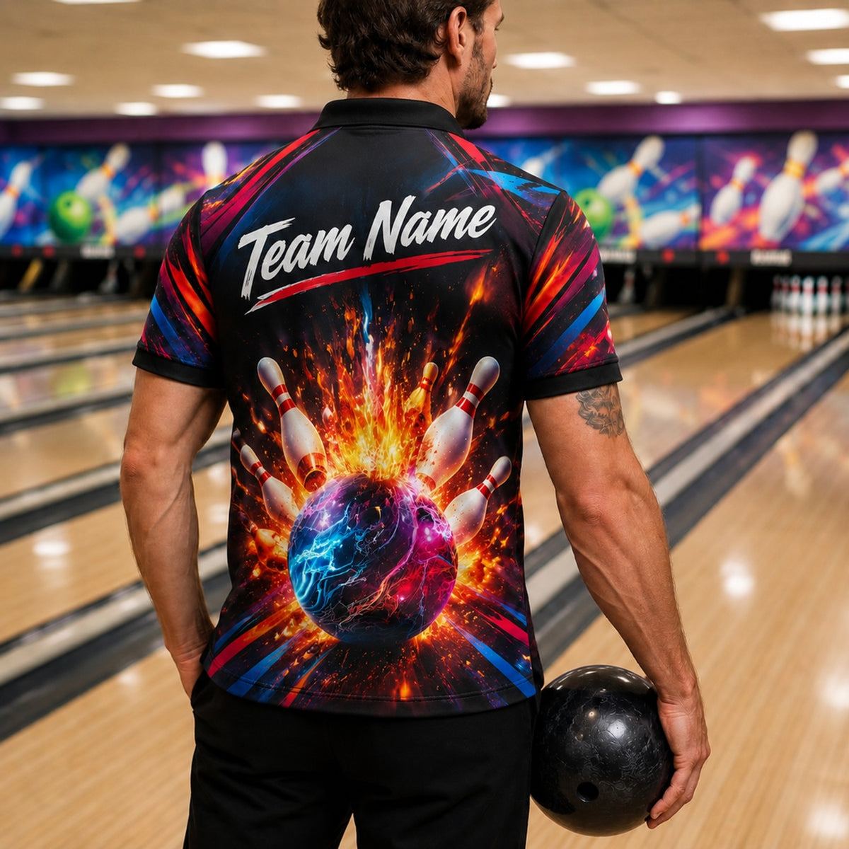 Flaming Bowling Ball Strike Sport Custom Bowling Polo Shirt Back View