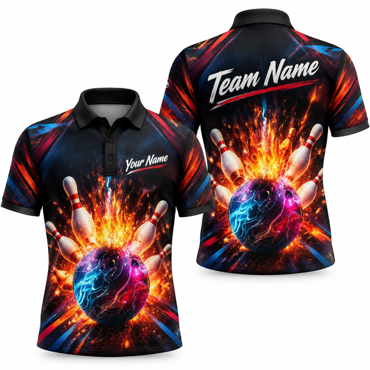 Flaming Bowling Ball Strike Sport Custom Bowling Polo Shirt
