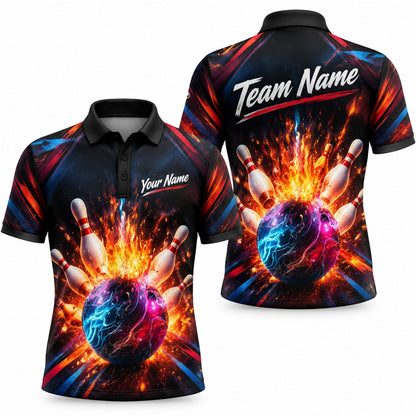 Flaming Bowling Ball Strike Sport Custom Bowling Polo Shirt