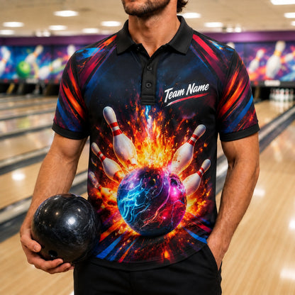 Flaming Bowling Ball Strike Sport Custom Bowling Polo Shirt Front View