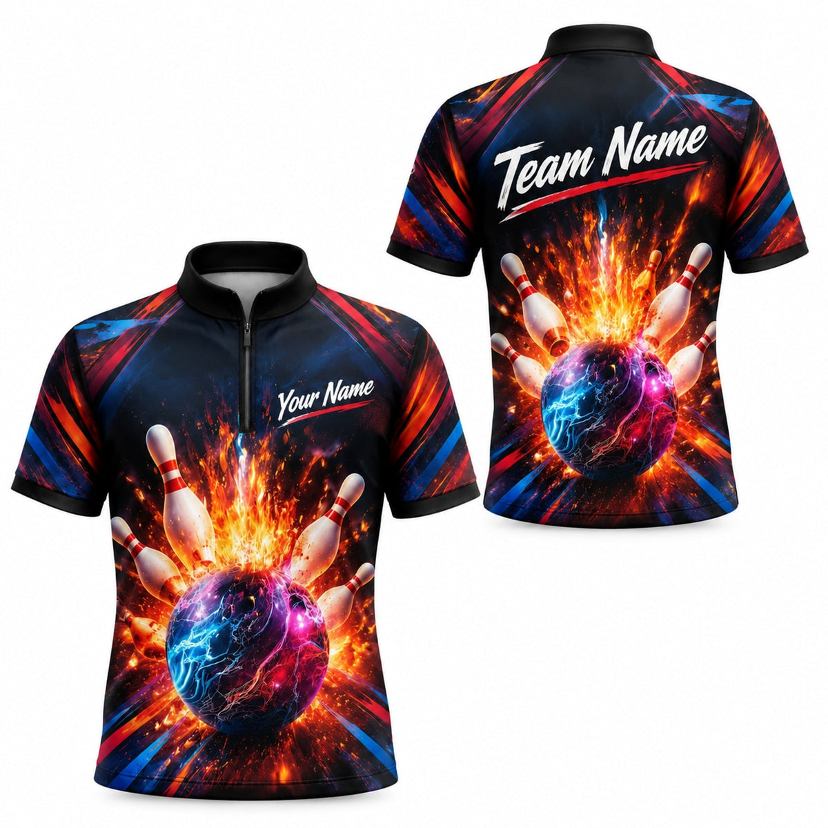 Flaming Bowling Ball Strike Sport Custom Bowling Polo Shirt Jersey Zip 1 4 Collar