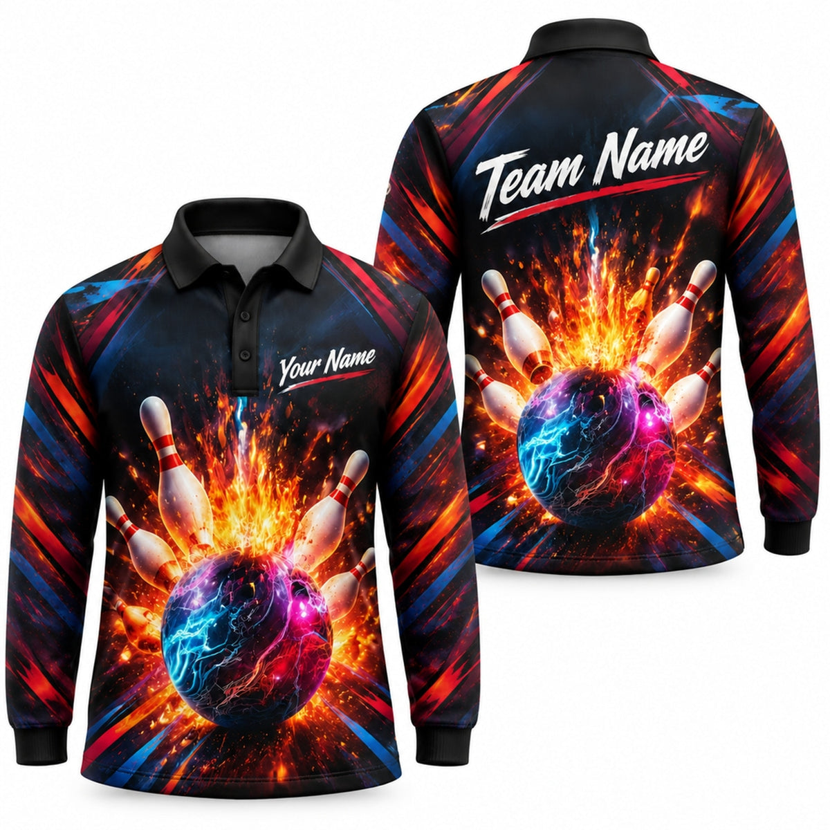 Flaming Bowling Ball Strike Sport Custom Bowling Polo Shirt Long Sleeve Polo