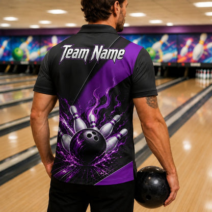 Flaming Bowling Ball Strike Sport Personalized Bowling Polo Shirt Back View