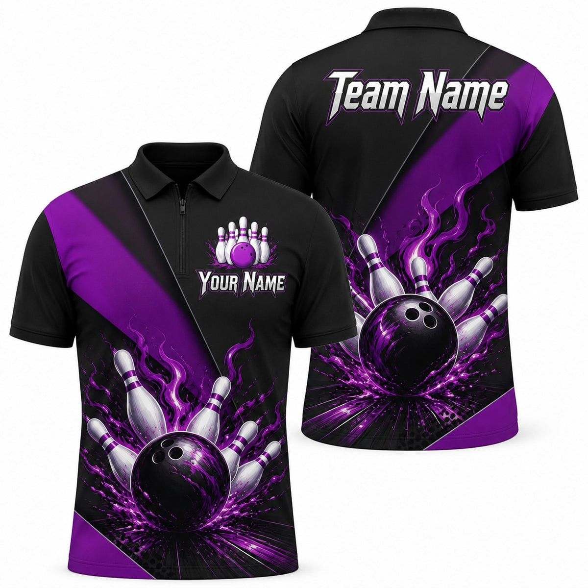 Flaming Bowling Ball Strike Sport Personalized Bowling Polo Shirt