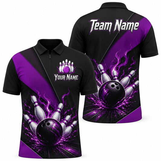 Flaming Bowling Ball Strike Sport Personalized Bowling Polo Shirt