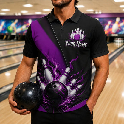 Flaming Bowling Ball Strike Sport Personalized Bowling Polo Shirt Front View