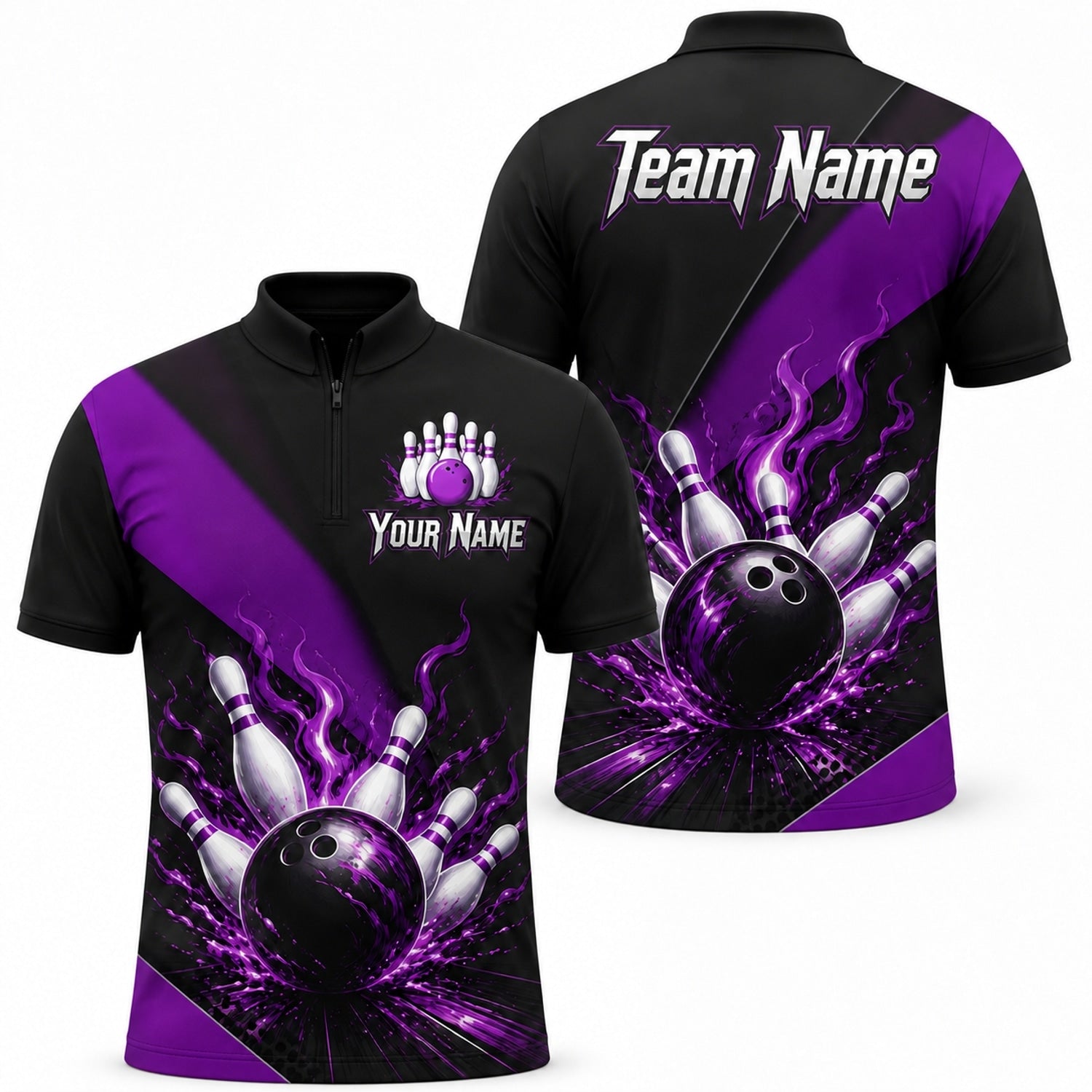 Flaming Bowling Ball Strike Sport Personalized Bowling Polo Shirt Jersey Zip 1 4 Collar