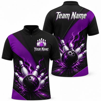 Flaming Bowling Ball Strike Sport Personalized Bowling Polo Shirt Jersey Zip 1 4 Collar