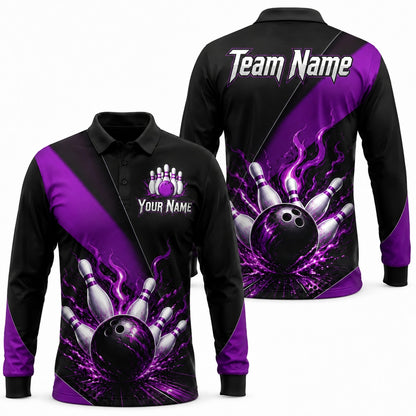 Flaming Bowling Ball Strike Sport Personalized Bowling Polo Shirt Long Sleeve Polo