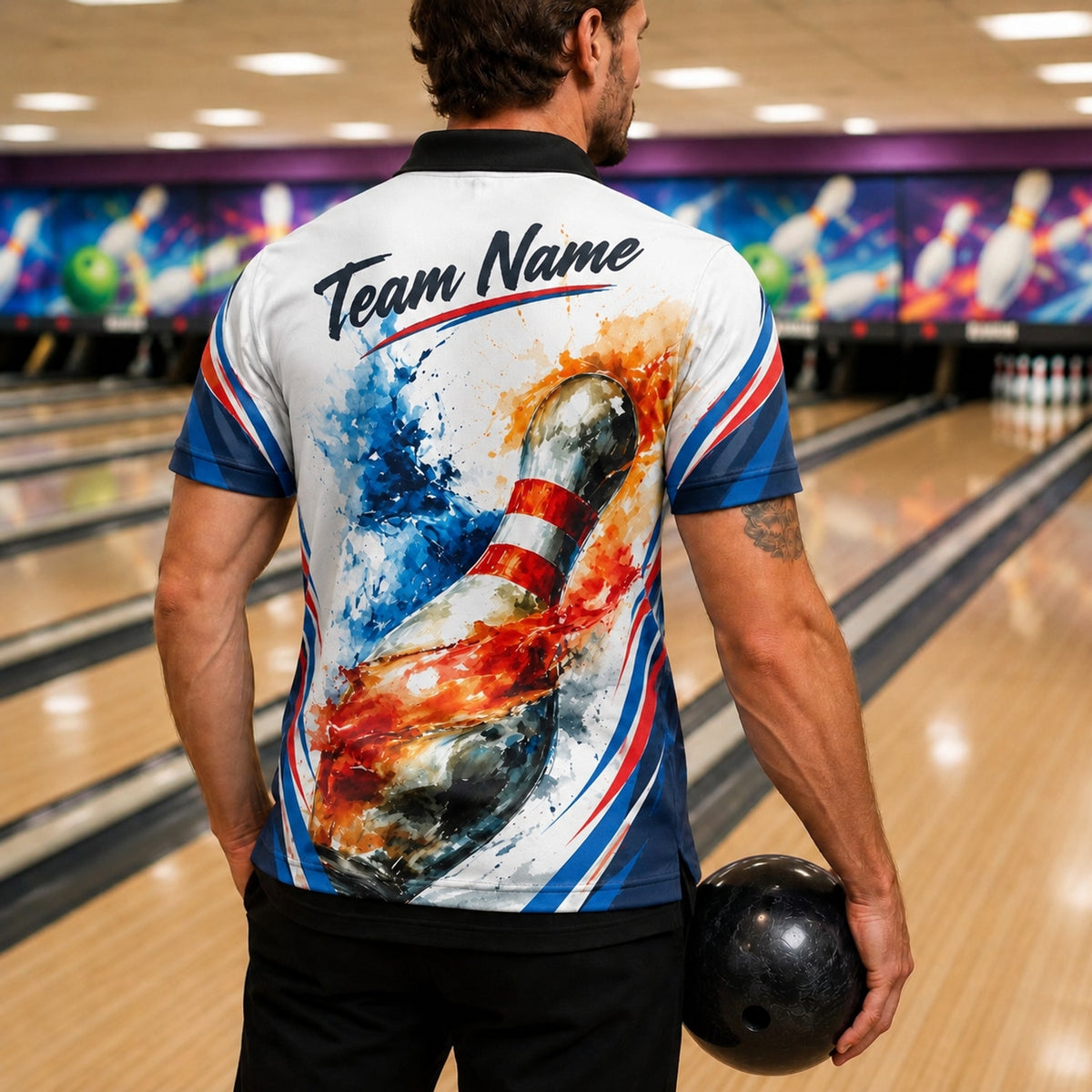 Flaming Bowling Pin Graphic Custom Bowling Polo Shirt Back View