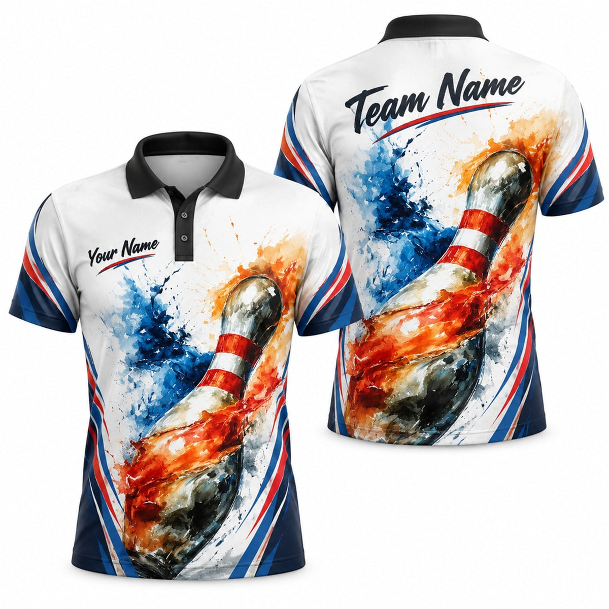 Flaming Bowling Pin Graphic Custom Bowling Polo Shirt