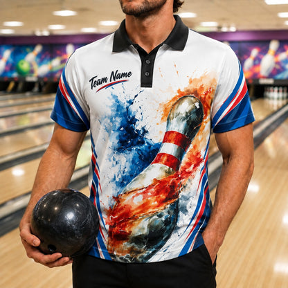 Flaming Bowling Pin Graphic Custom Bowling Polo Shirt Front View