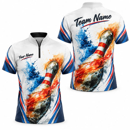 Flaming Bowling Pin Graphic Custom Bowling Polo Shirt Jersey Zip 1 4 Collar