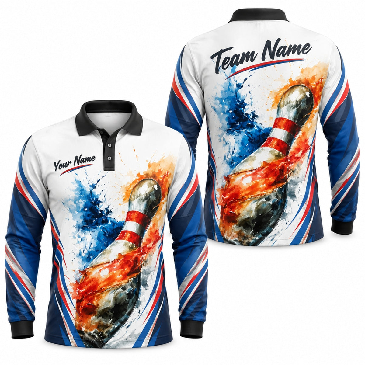 Flaming Bowling Pin Graphic Custom Bowling Polo Shirt Long Sleeve Polo