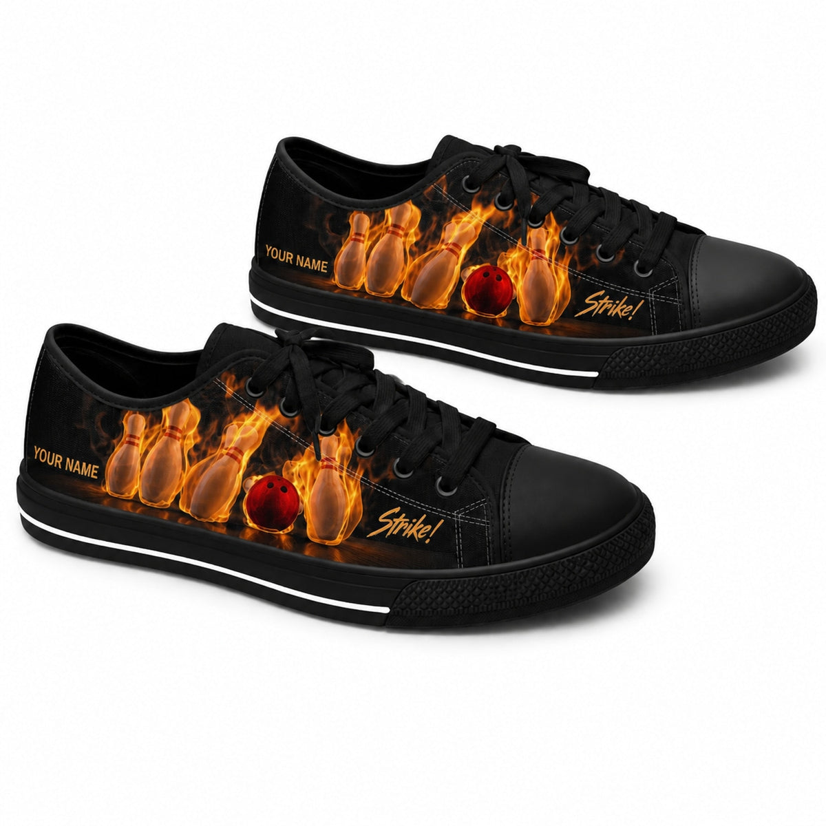 Flaming Bowling Pins Graphic Personalized Low Top Shoes Black Shoes
