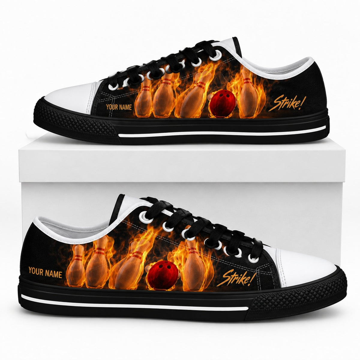 Flaming Bowling Pins Graphic Personalized Low Top Shoes Box Black