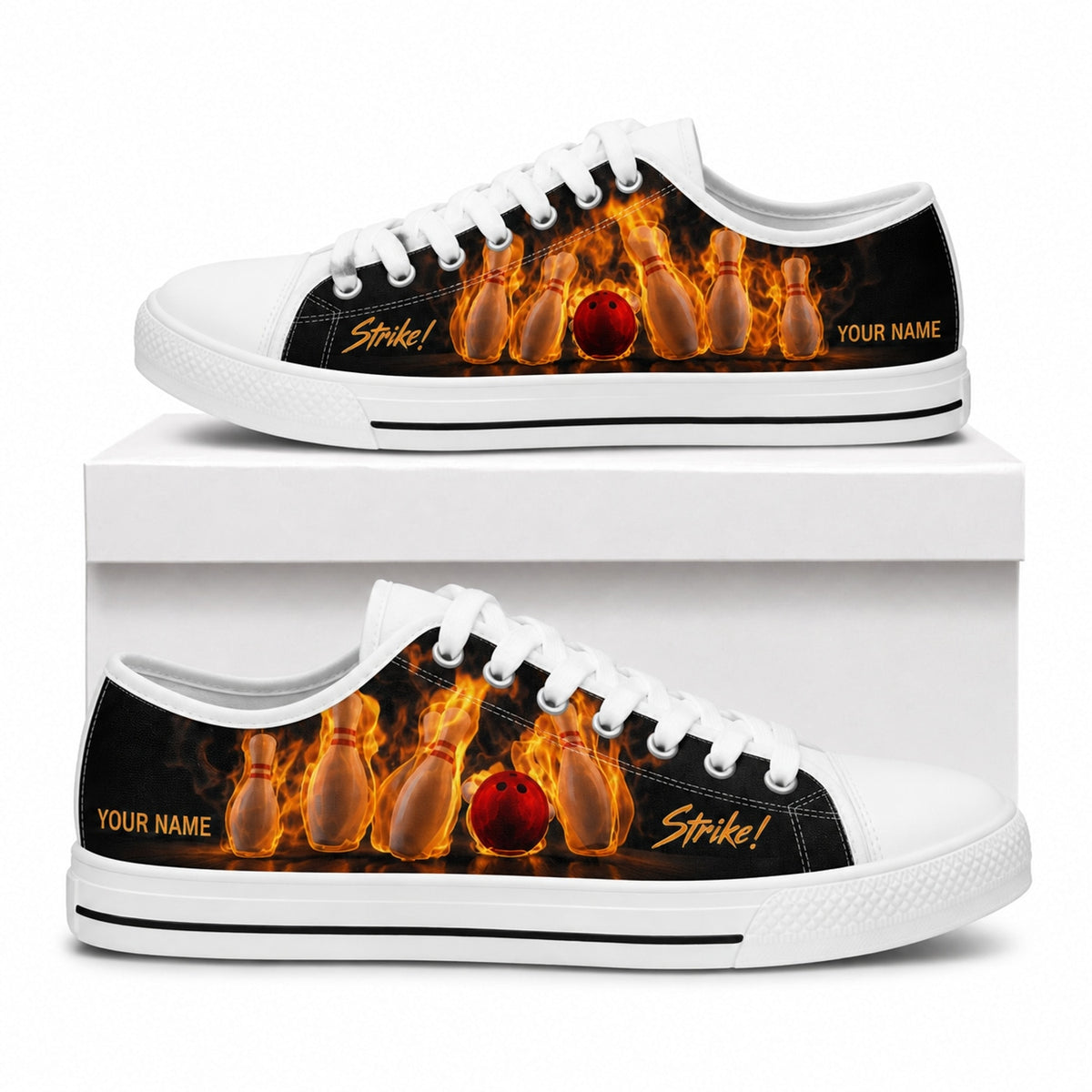 Flaming Bowling Pins Graphic Personalized Low Top Shoes Box White