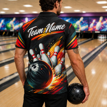 Flaming Bowling Strike Graphic Custom Bowling Polo Shirt Back View