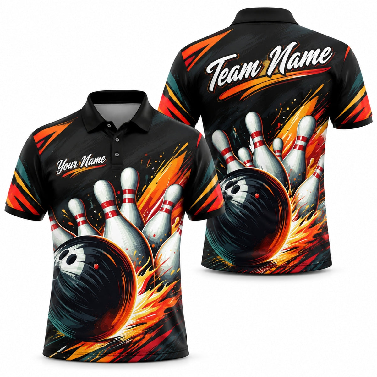 Flaming Bowling Strike Graphic Custom Bowling Polo Shirt