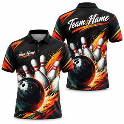 Flaming Bowling Strike Graphic Custom Bowling Polo Shirt