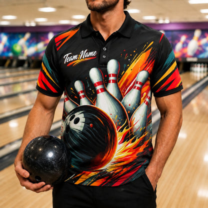 Flaming Bowling Strike Graphic Custom Bowling Polo Shirt Front View