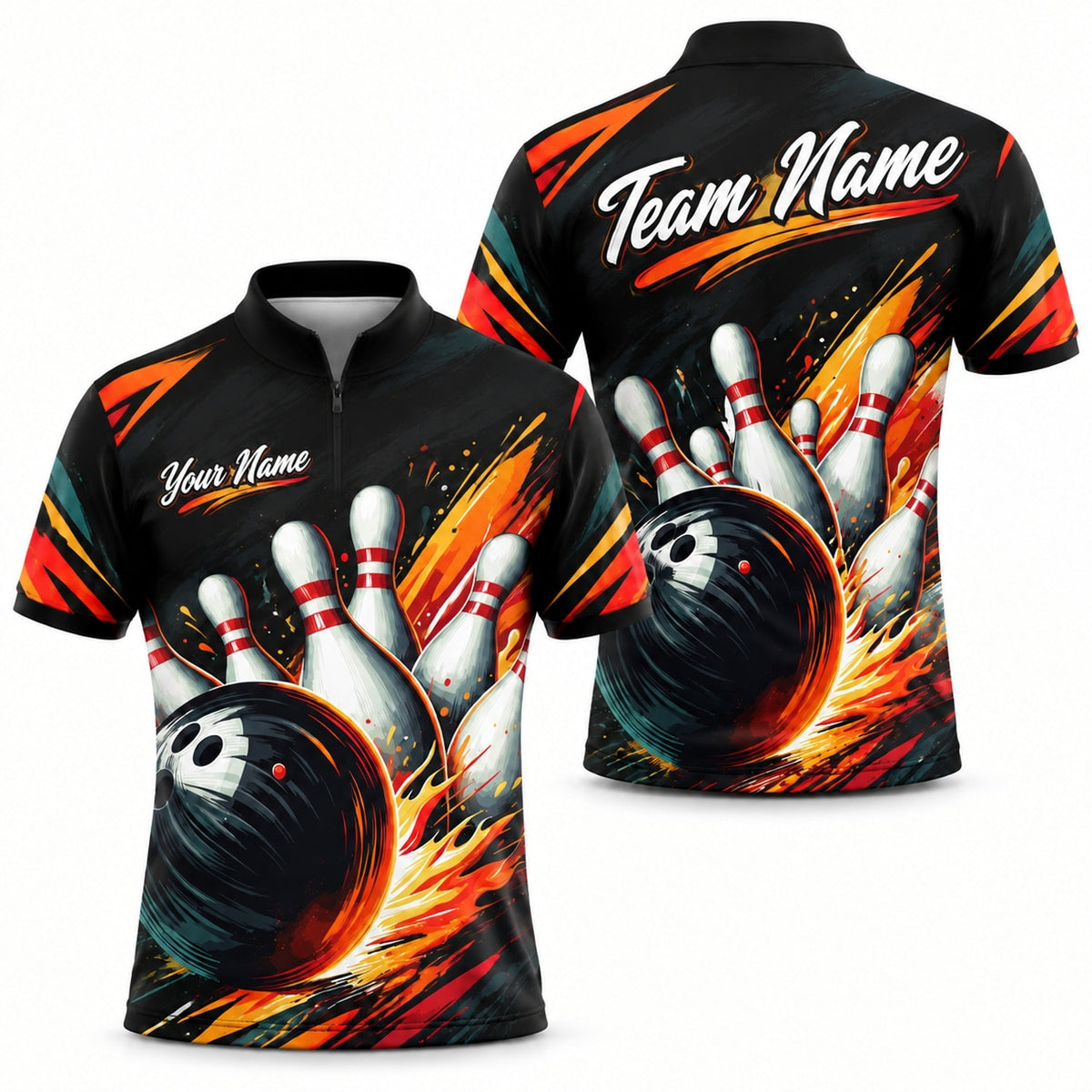 Flaming Bowling Strike Graphic Custom Bowling Polo Shirt Jersey Zip 1 4 Collar