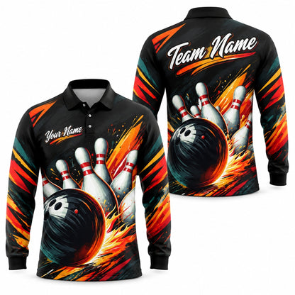 Flaming Bowling Strike Graphic Custom Bowling Polo Shirt Long Sleeve Polo