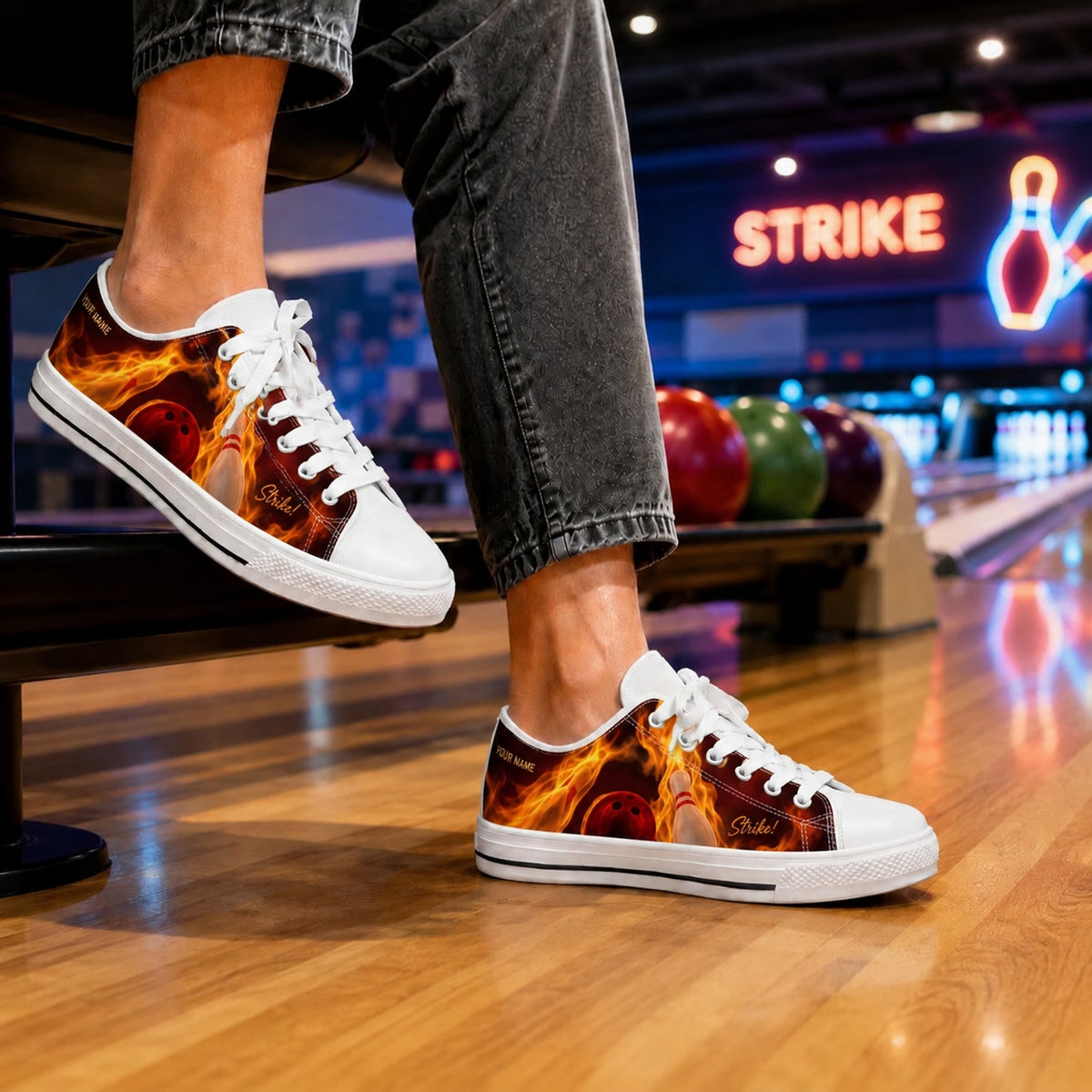 Flaming Bowling Strike Graphic Personalized Low Top Shoes Bowling Life Style