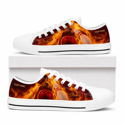 Flaming Bowling Strike Graphic Personalized Low Top Shoes Box White