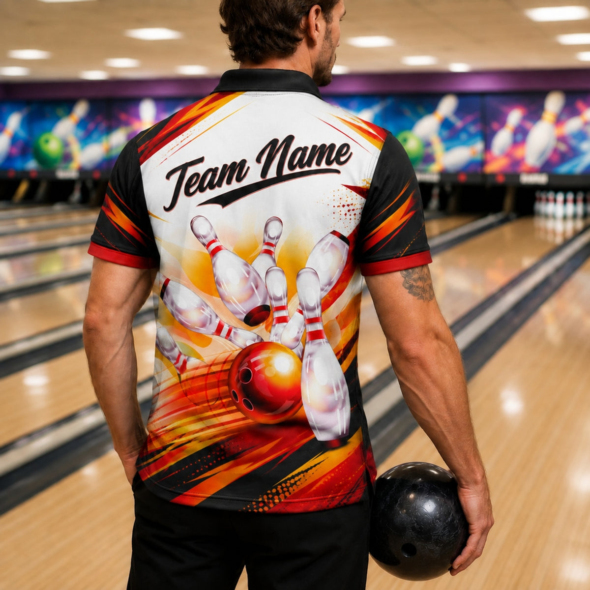 Flaming Bowling Strike Sport Custom Bowling Polo Shirt Back View
