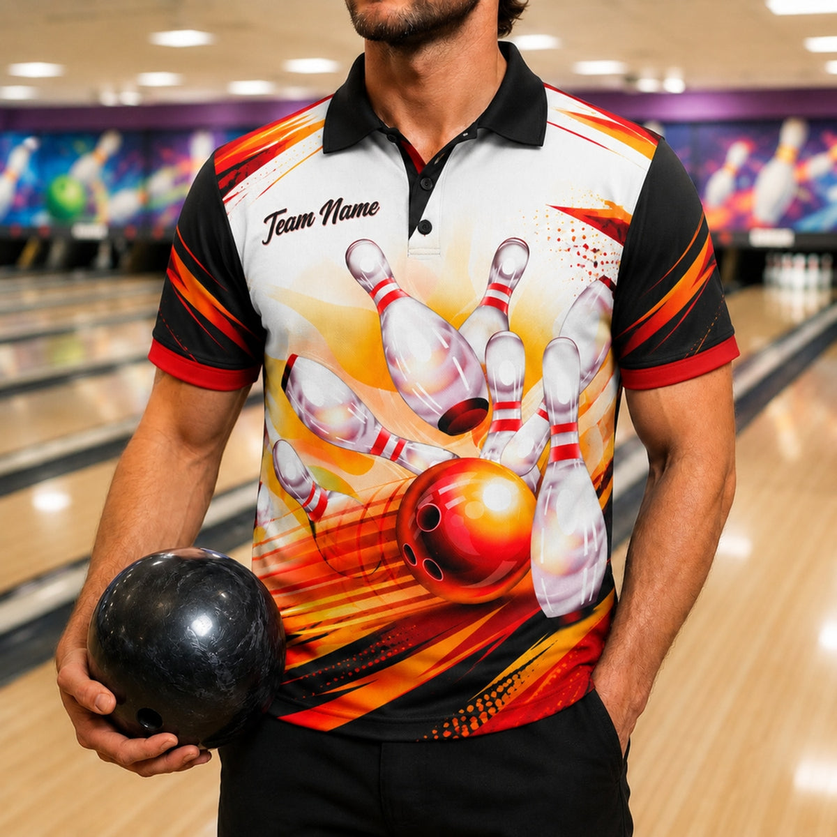 Flaming Bowling Strike Sport Custom Bowling Polo Shirt Front View