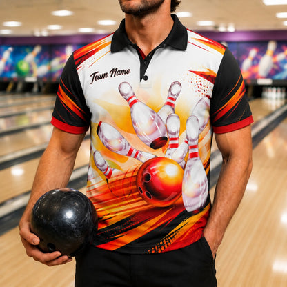 Flaming Bowling Strike Sport Custom Bowling Polo Shirt Front View