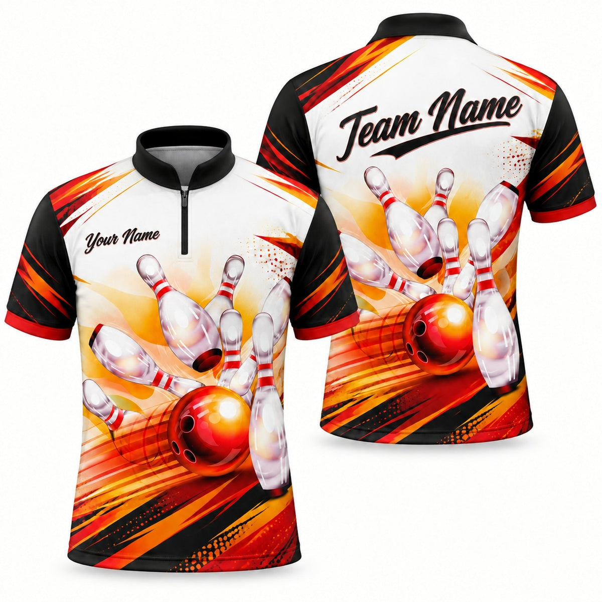 Flaming Bowling Strike Sport Custom Bowling Polo Shirt Jersey Zip 1 4 Collar